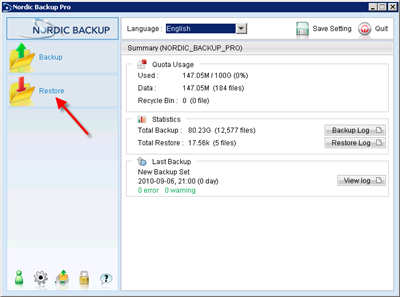 Launch Nordic Backup and click restore