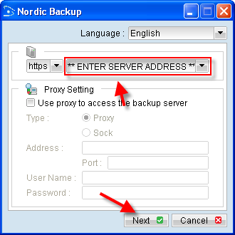 Fill in backup server address provided in your welcome email