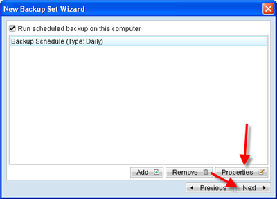 Click Properties to edit the backup schedule