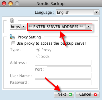 Fill in backup server address provided in your welcome email