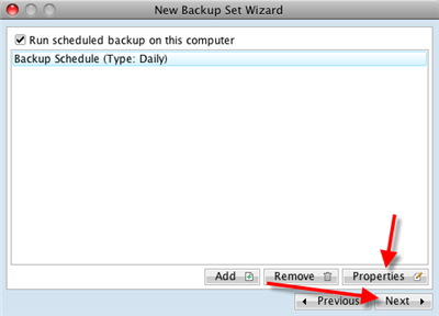 Click Properties to edit the backup schedule