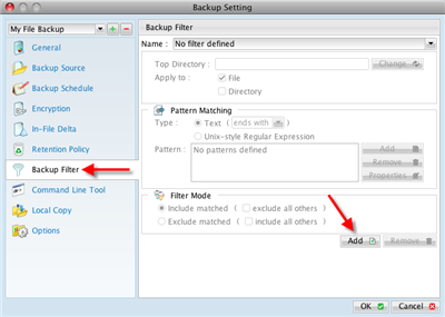 Use filter to customize backup selections based on file extension