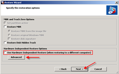 Specify the restore options