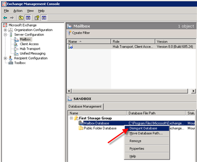 Dismount the database from exchange management console
